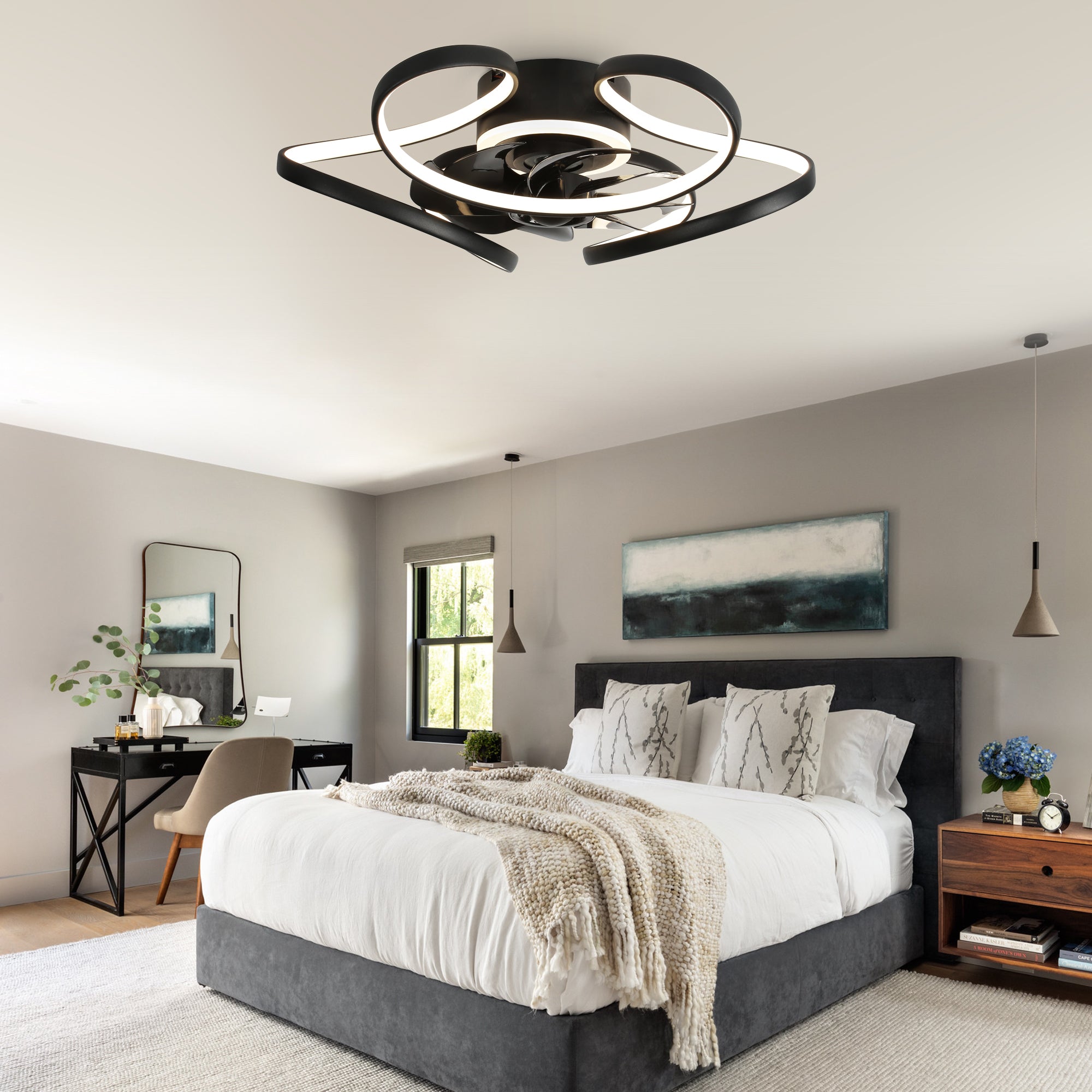 22 Inch Modern Smart Flush Mount Ceiling Fan with LED Lights and Remote, 6 Speeds DC Motor Bladeless Ceiling Fan for Low Profile