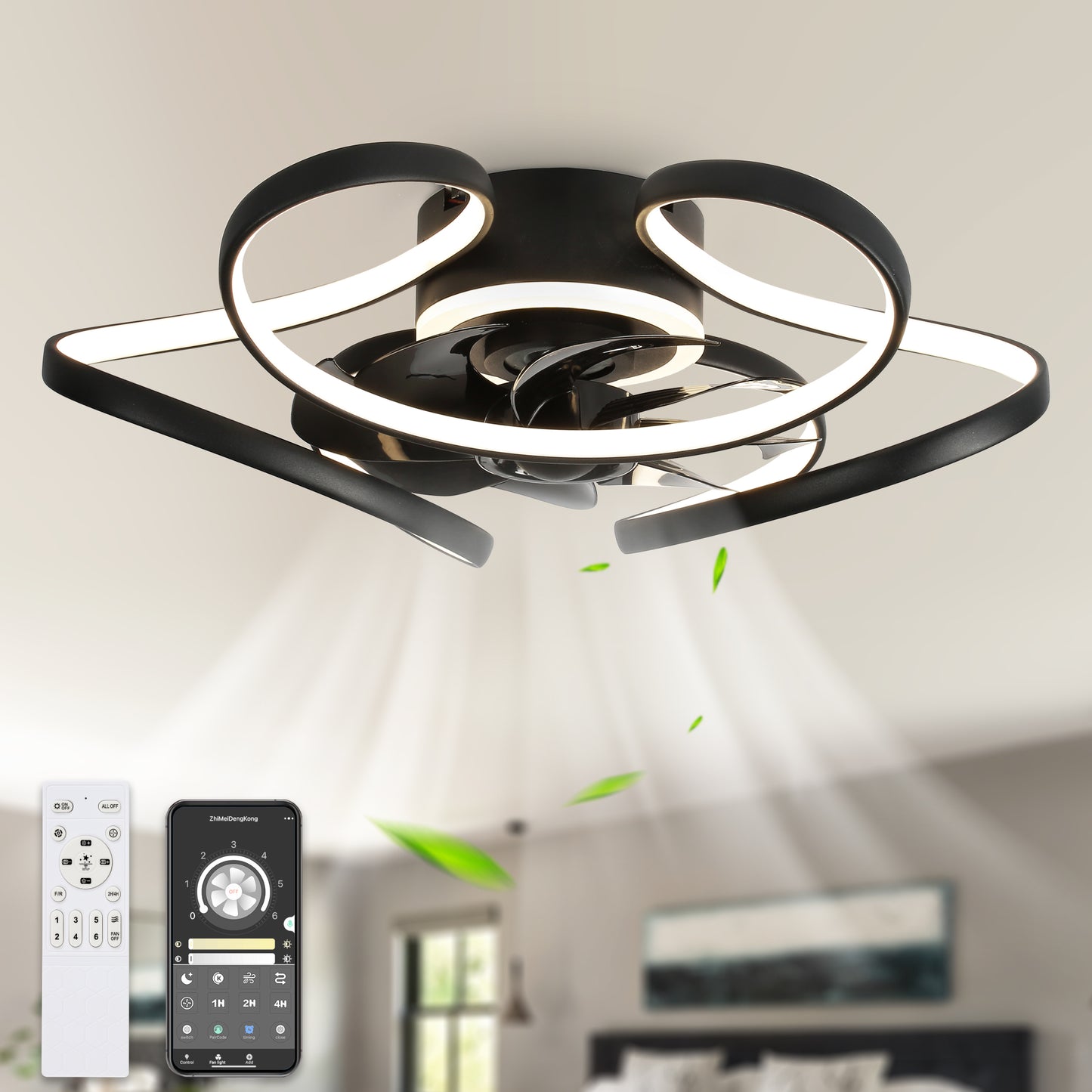 DC2203- 22" Black/Gold/Brown Low Profile Flush Mounted Ceiling Fan, with LED Light Kit Included and Remote