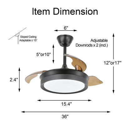 36" Dimmable Ceiling Fan with LED Light and Remote Retractable Blades