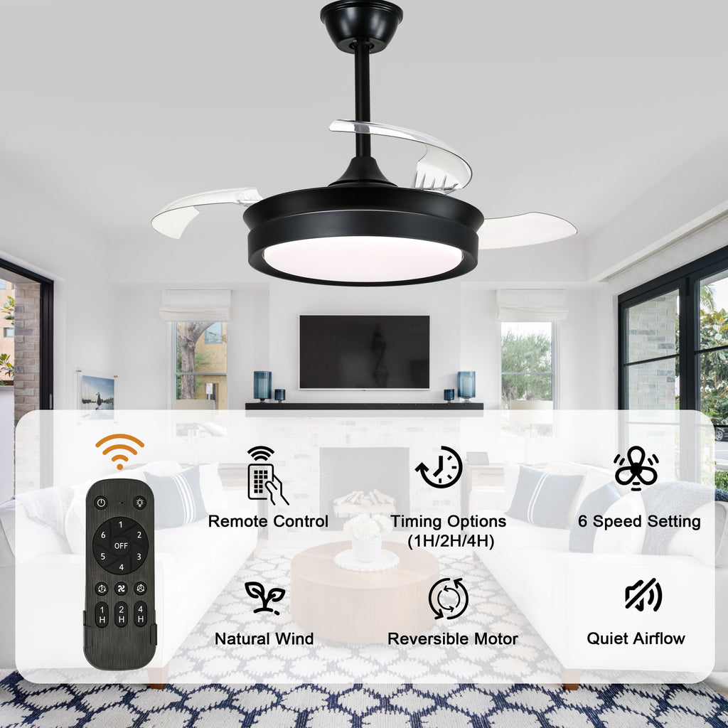 36 Inch Black/Gold/White Modern Smart Retractable Ceiling Fan with LED Light and Remote, 6 Speeds DC Motor Bladeless Ceiling Fan