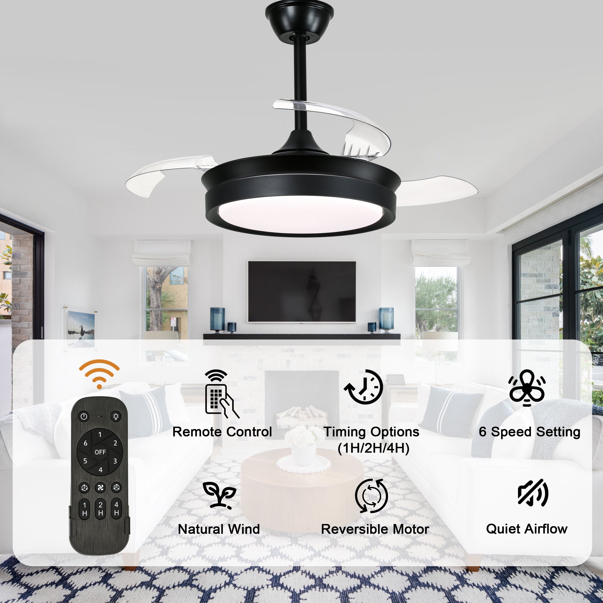 36 Inch Black/Gold/White Modern Smart Retractable Ceiling Fan with LED Light and Remote, 6 Speeds DC Motor Bladeless Ceiling Fan