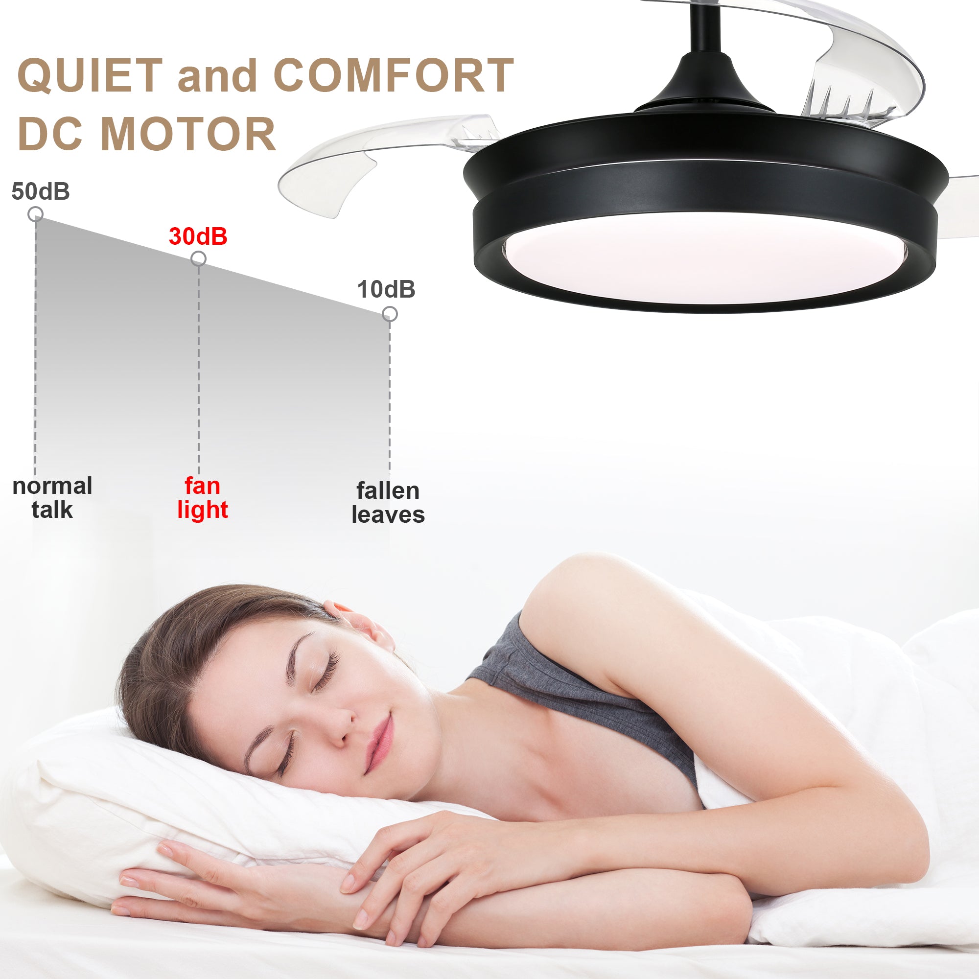 36 Inch Black/Gold/White Modern Smart Retractable Ceiling Fan with LED Light and Remote, 6 Speeds DC Motor Bladeless Ceiling Fan