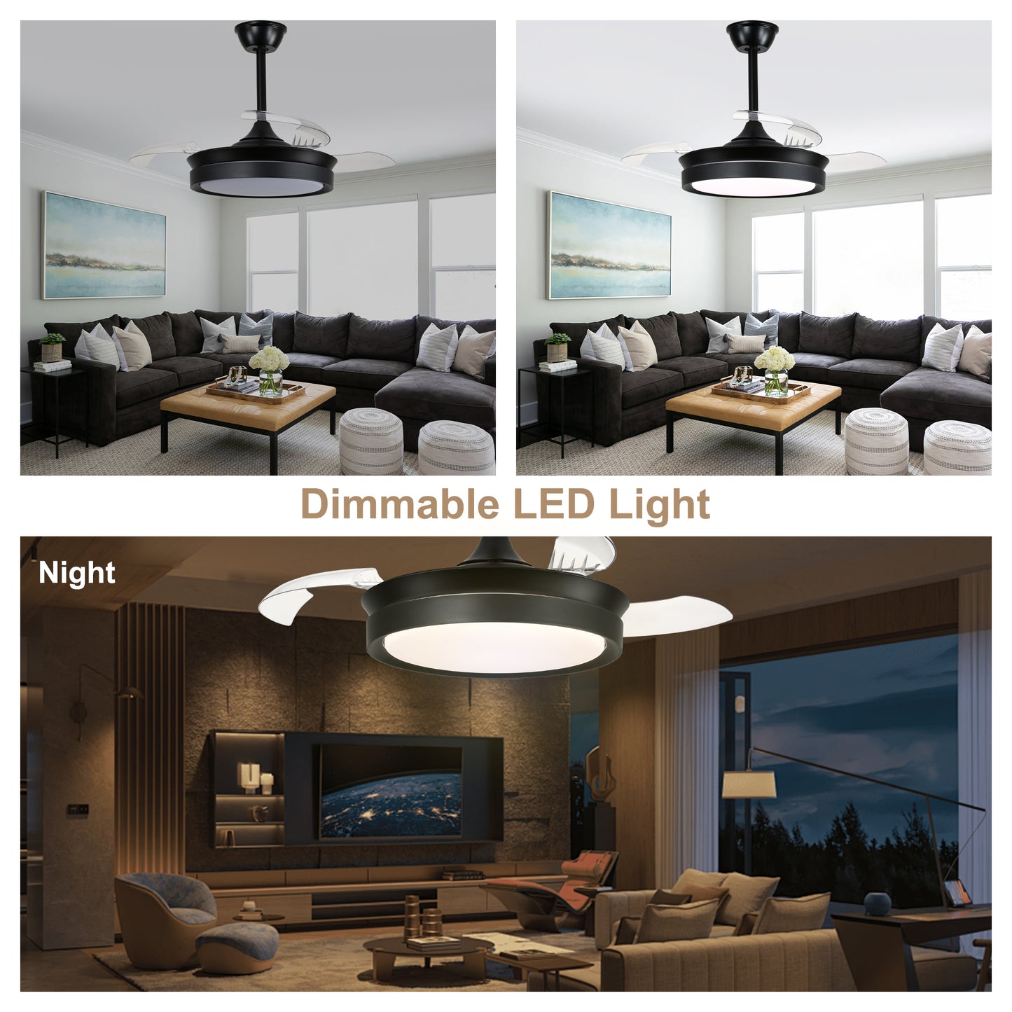 DC3605-BellaDepot 36" Gold/Black/White Finish Retractable Ceiling Fan with Remote and LED Light Kit Included, CCT Dimmable Ceiling Fan