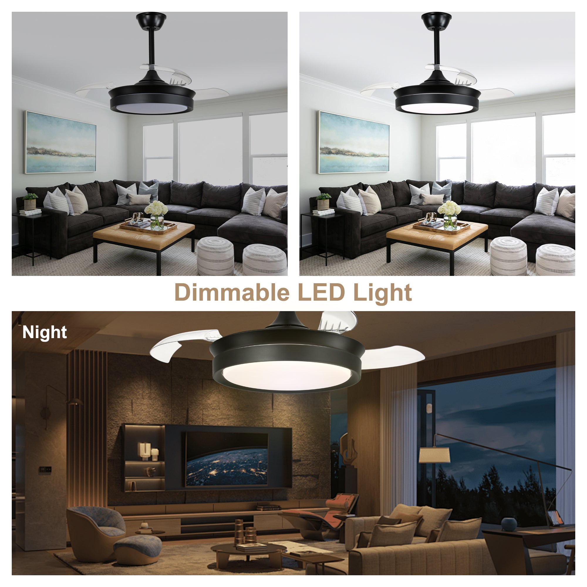 36 Inch Black/Gold/White Modern Smart Retractable Ceiling Fan with LED Light and Remote, 6 Speeds DC Motor Bladeless Ceiling Fan