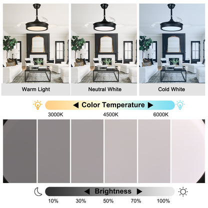 DC3605-BellaDepot 36" Gold/Black/White Finish Retractable Ceiling Fan with Remote and LED Light Kit Included, CCT Dimmable Ceiling Fan