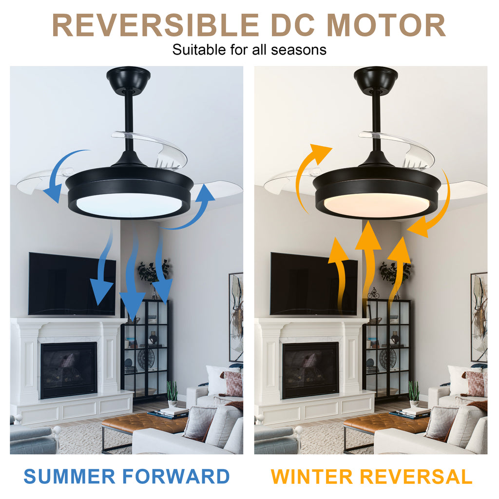 36 Inch Black/Gold/White Modern Smart Retractable Ceiling Fan with LED Light and Remote, 6 Speeds DC Motor Bladeless Ceiling Fan
