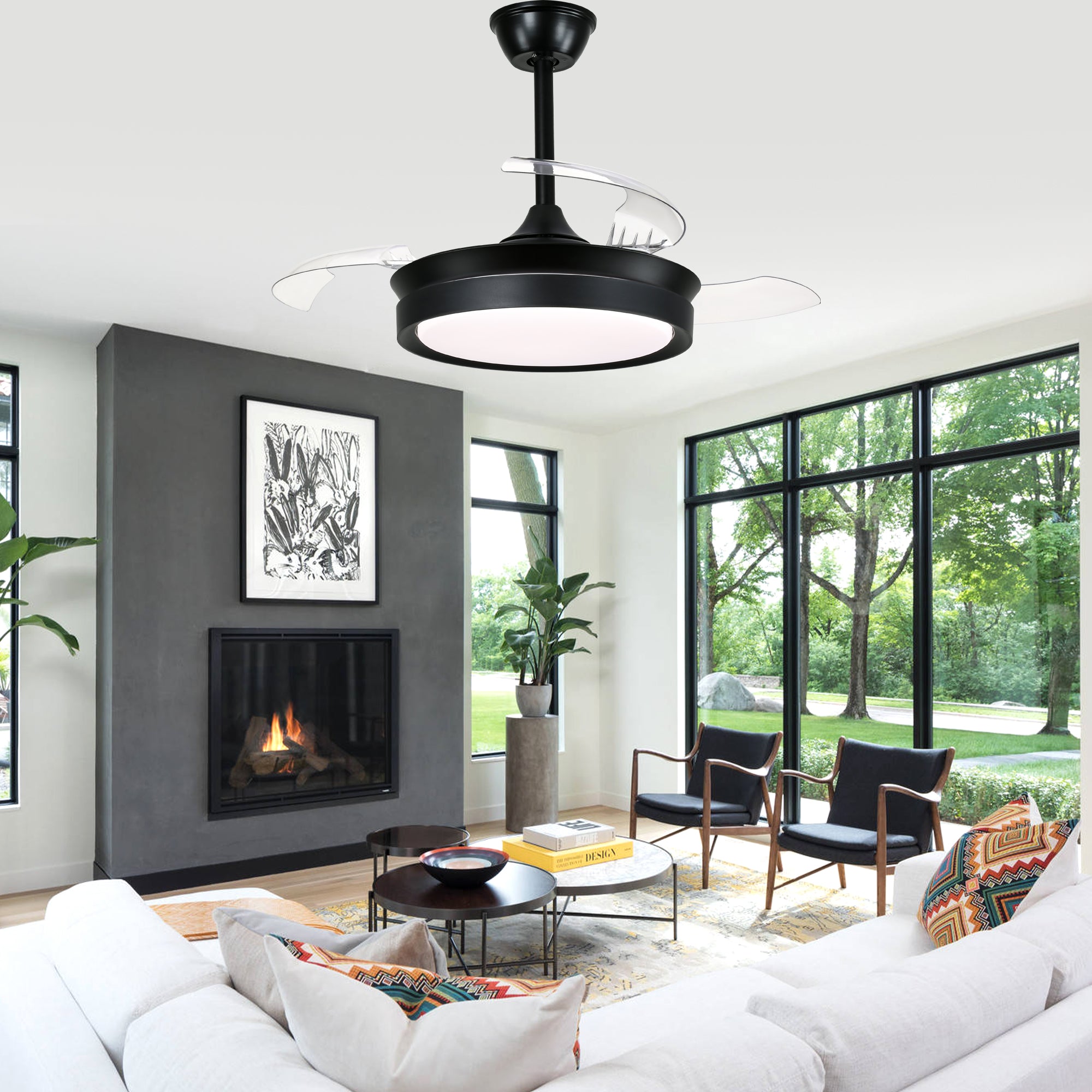 36 Inch Black/Gold/White Modern Smart Retractable Ceiling Fan with LED Light and Remote, 6 Speeds DC Motor Bladeless Ceiling Fan