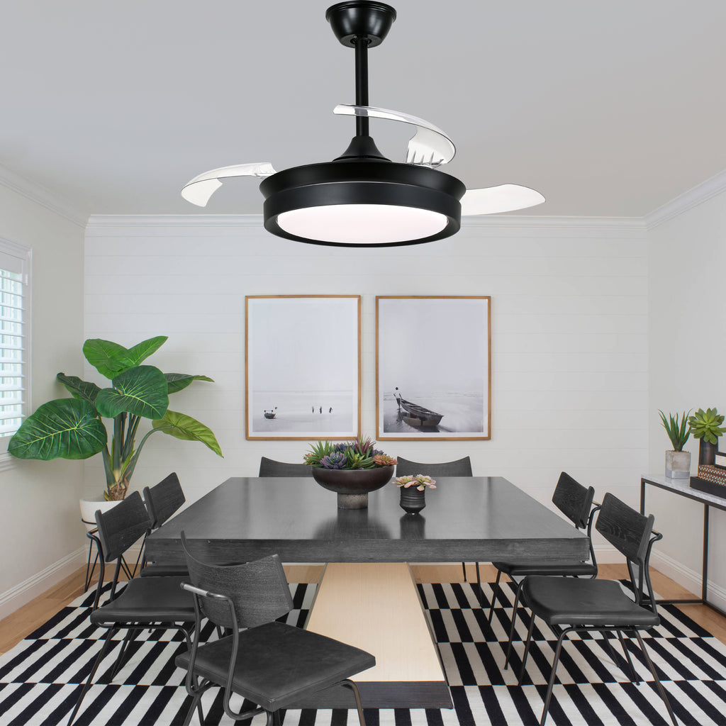 36 Inch Black/Gold/White Modern Smart Retractable Ceiling Fan with LED Light and Remote, 6 Speeds DC Motor Bladeless Ceiling Fan
