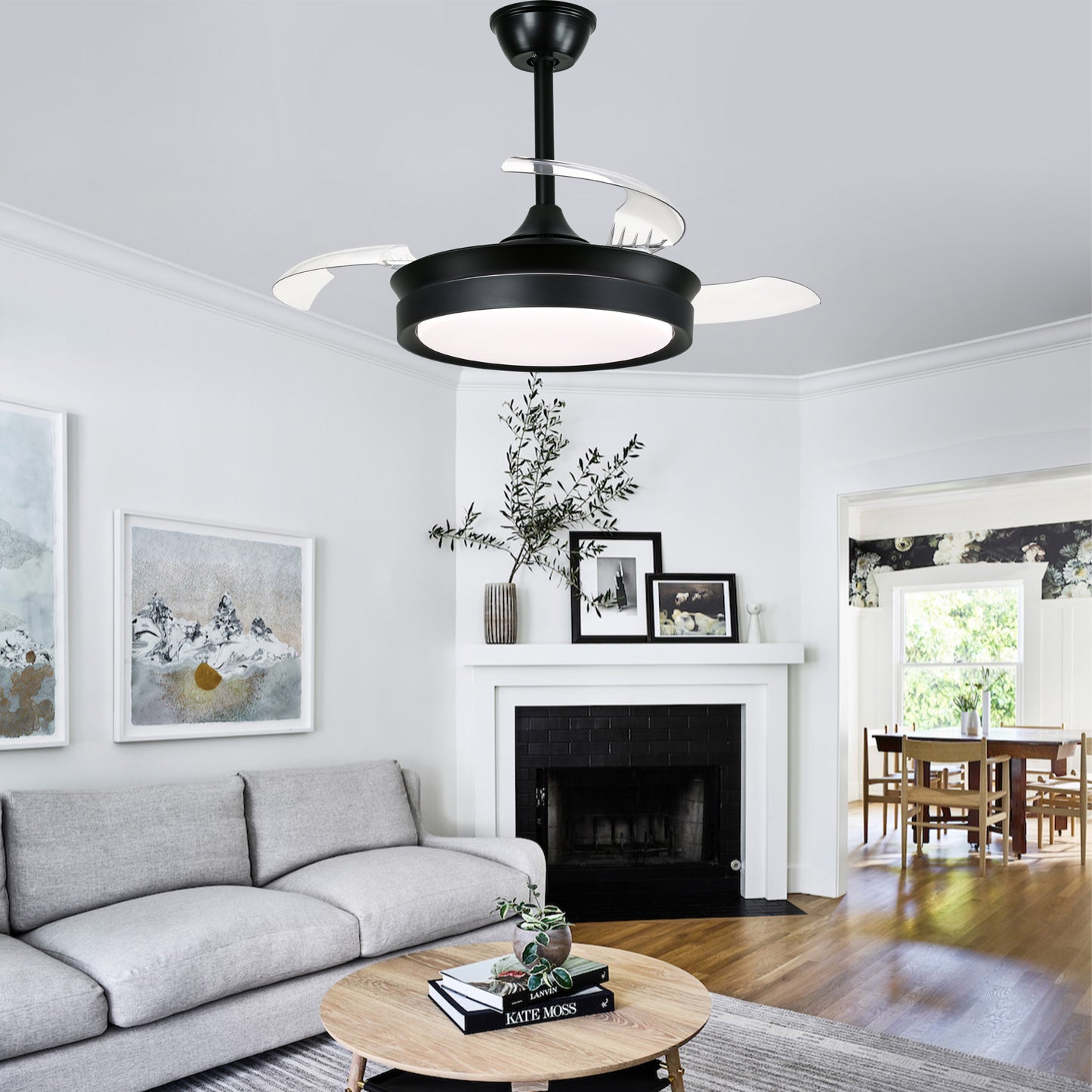 DC3605-BellaDepot 36" Gold/Black/White Finish Retractable Ceiling Fan with Remote and LED Light Kit Included, CCT Dimmable Ceiling Fan