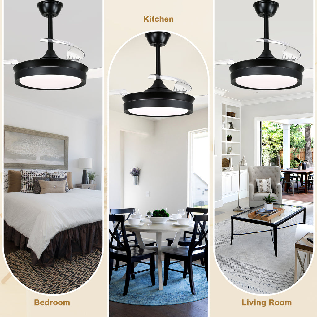 36 Inch Black/Gold/White Modern Smart Retractable Ceiling Fan with LED Light and Remote, 6 Speeds DC Motor Bladeless Ceiling Fan