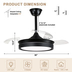 36 Inch Black/Gold/White Modern Smart Retractable Ceiling Fan with LED Light and Remote, 6 Speeds DC Motor Bladeless Ceiling Fan