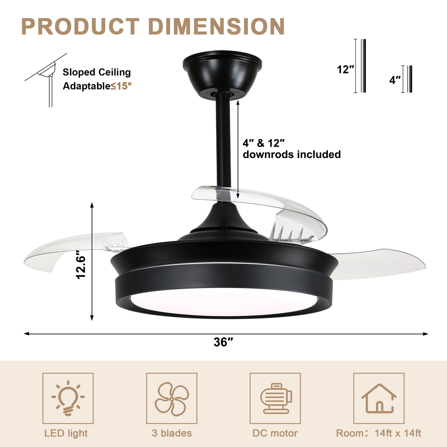 DC3605-BellaDepot 36" Gold/Black/White Finish Retractable Ceiling Fan with Remote and LED Light Kit Included, CCT Dimmable Ceiling Fan