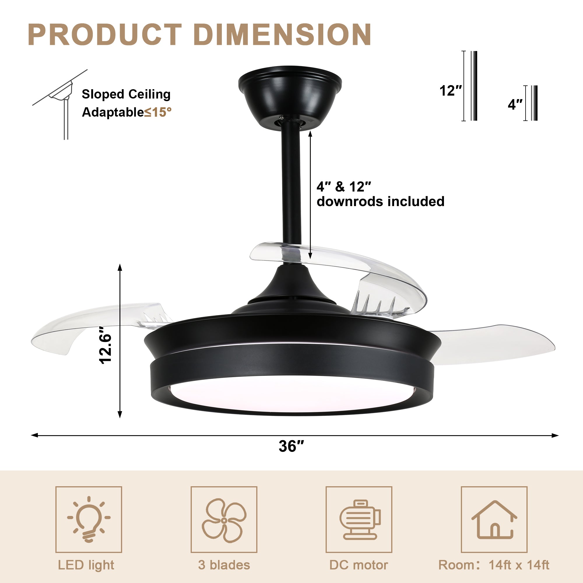 36 Inch Black/Gold/White Modern Smart Retractable Ceiling Fan with LED Light and Remote, 6 Speeds DC Motor Bladeless Ceiling Fan