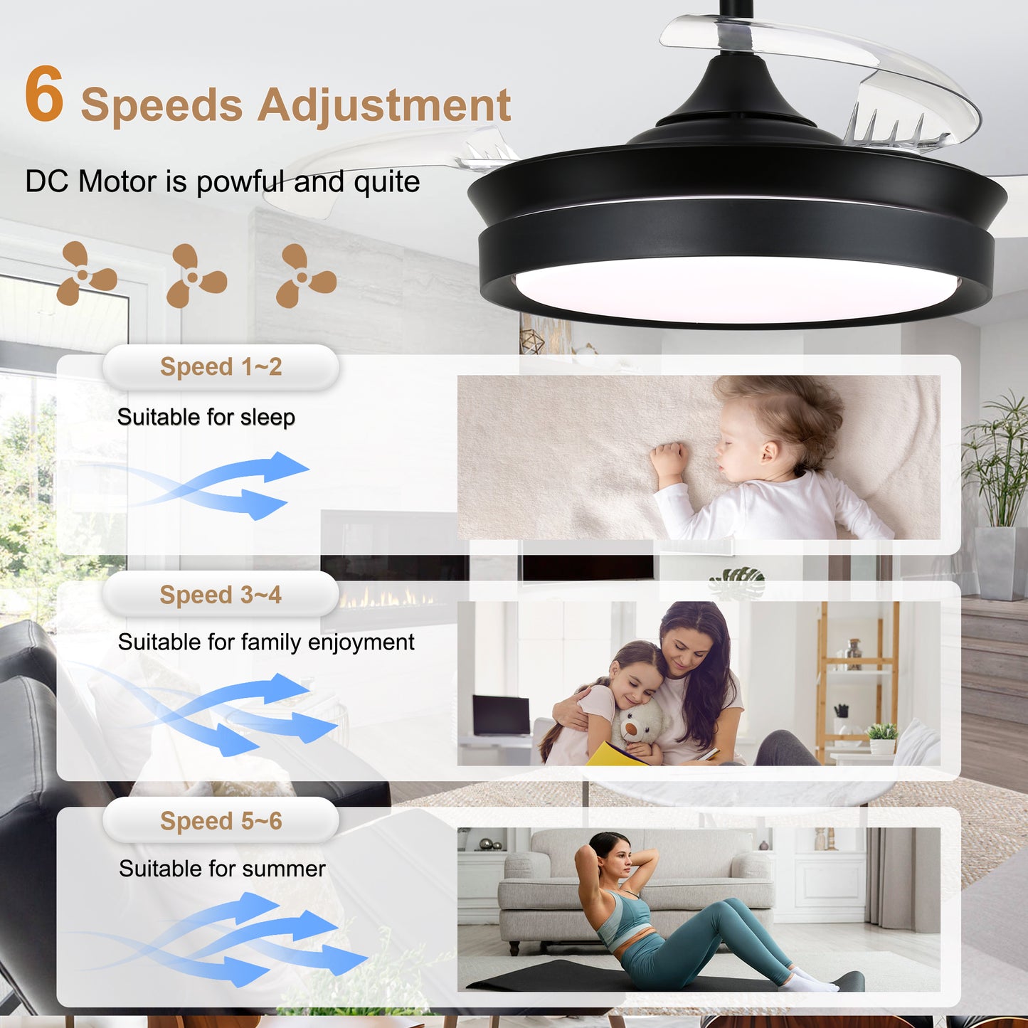 DC3605-BellaDepot 36" Gold/Black/White Finish Retractable Ceiling Fan with Remote and LED Light Kit Included, CCT Dimmable Ceiling Fan