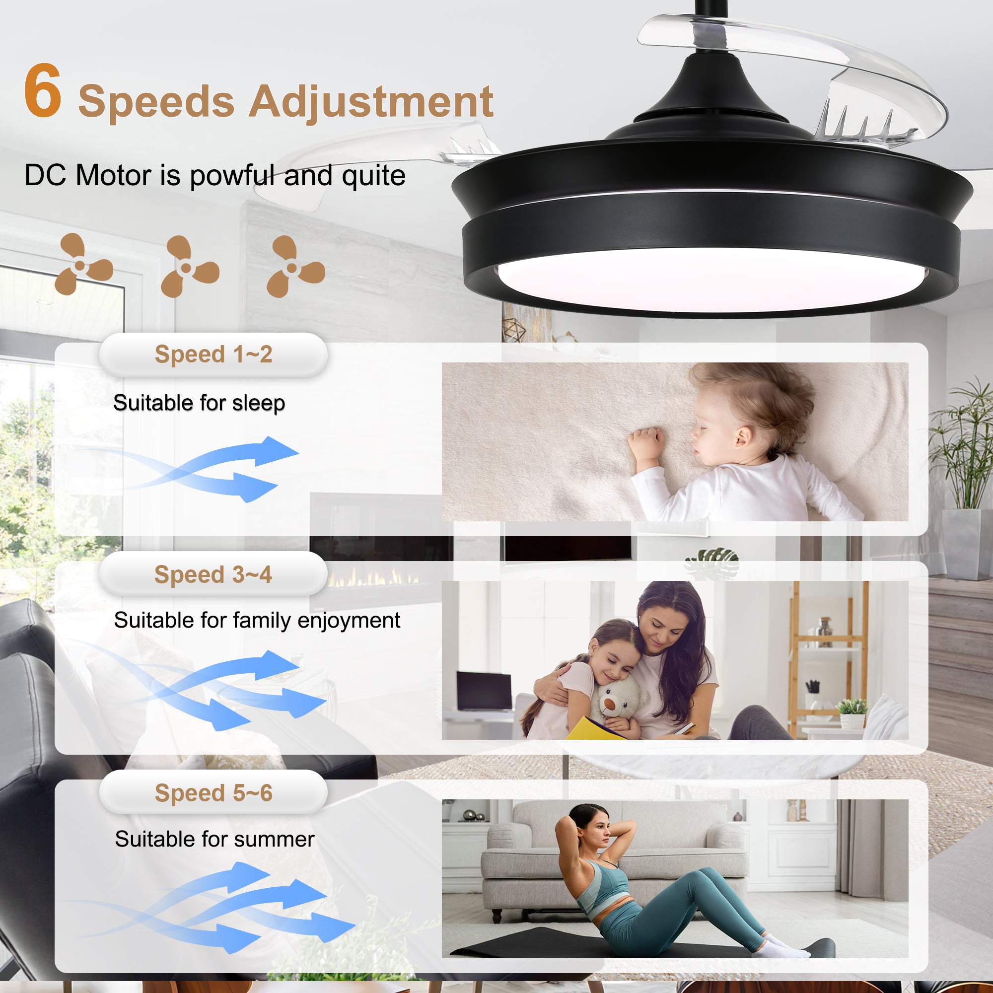 36 Inch Black/Gold/White Modern Smart Retractable Ceiling Fan with LED Light and Remote, 6 Speeds DC Motor Bladeless Ceiling Fan