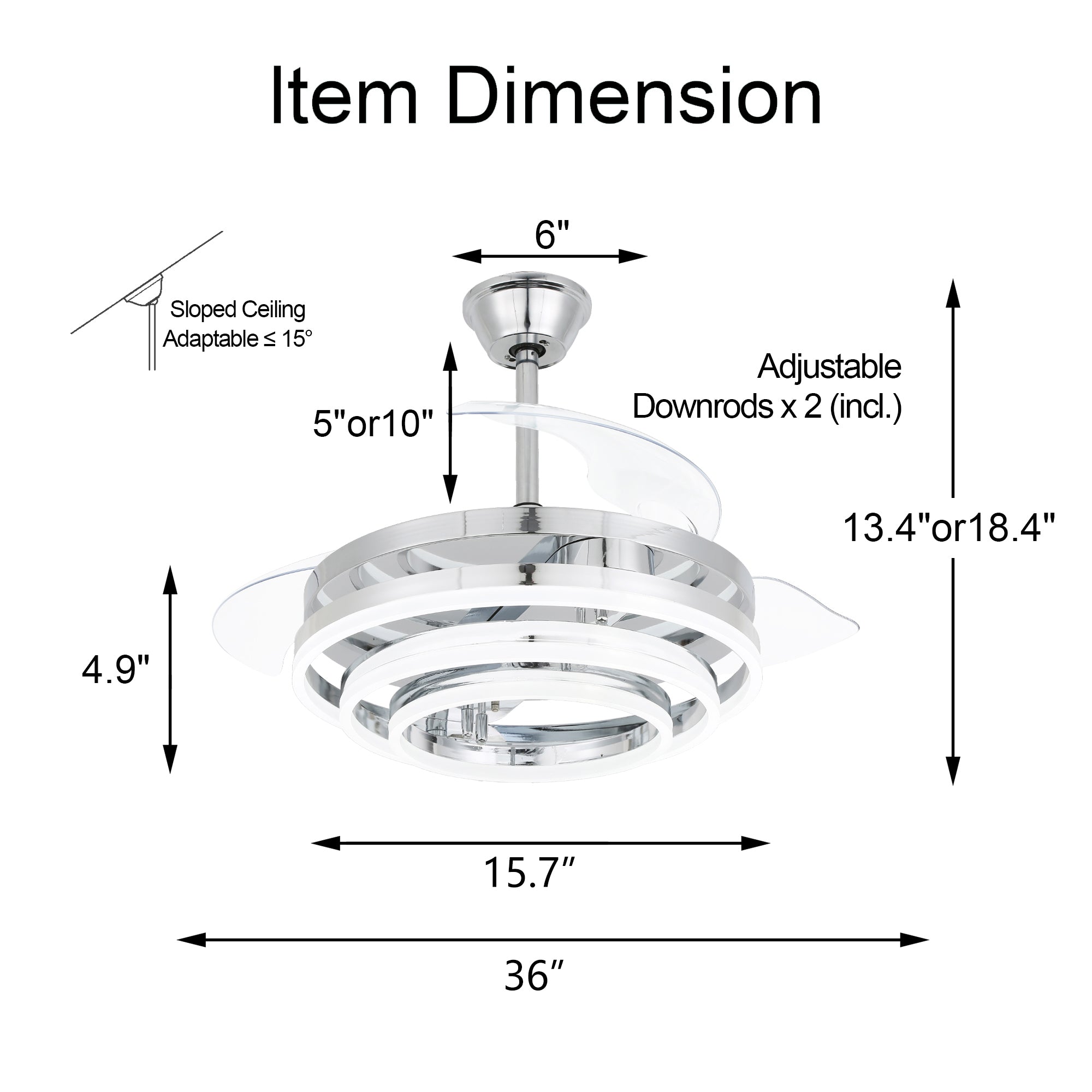 DC3664-BellaDepot 36" Chrome/Nickel/Brown DIY Shape Reversible Ceiling Fan with Remote and LED Light Kit Included, Retractable Ceiling Fan
