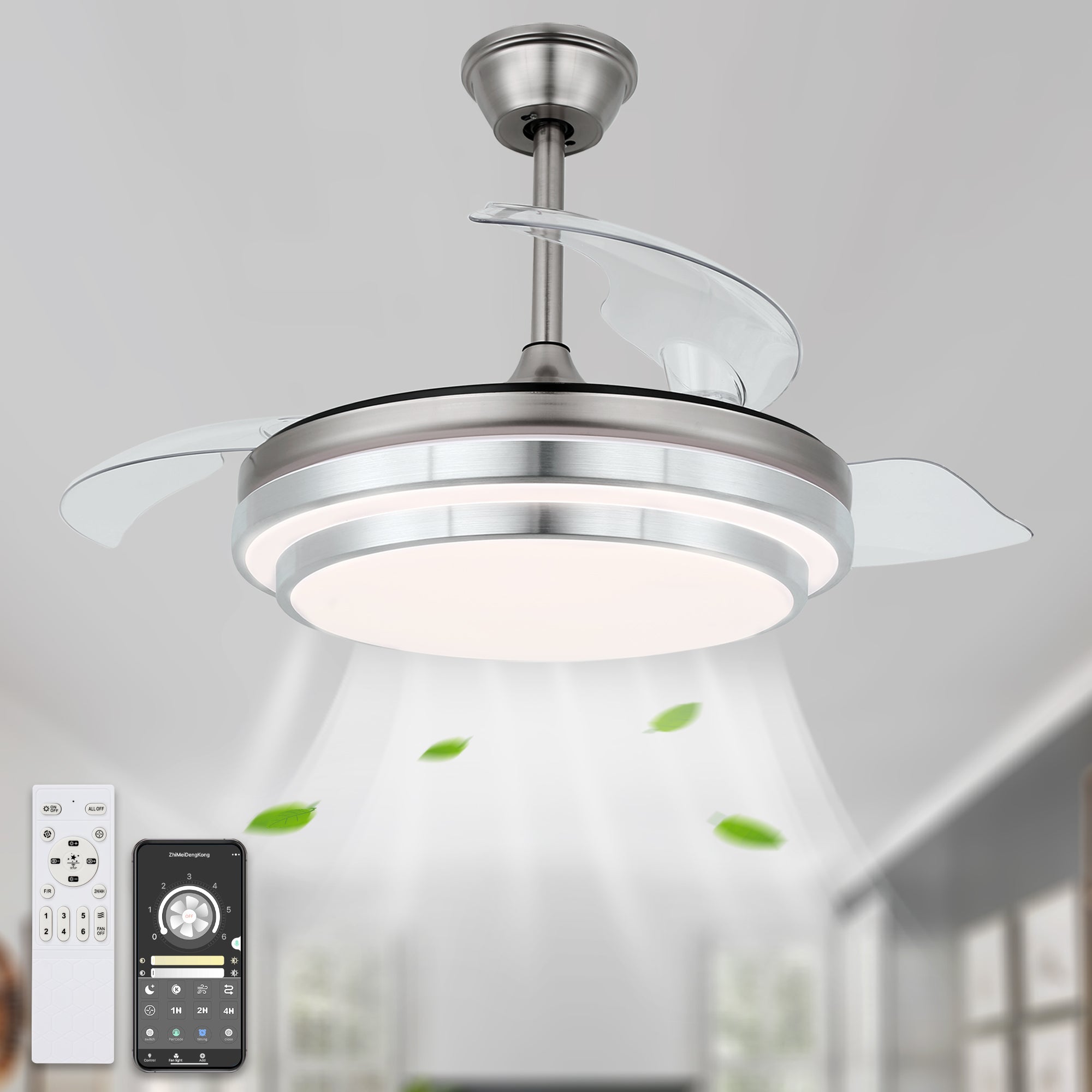 DC3604-BellaDepot 36" Modern Urban Retractable Ceiling Fan with Remote and LED Light Kit Included, Dimmable Ceiling Fan