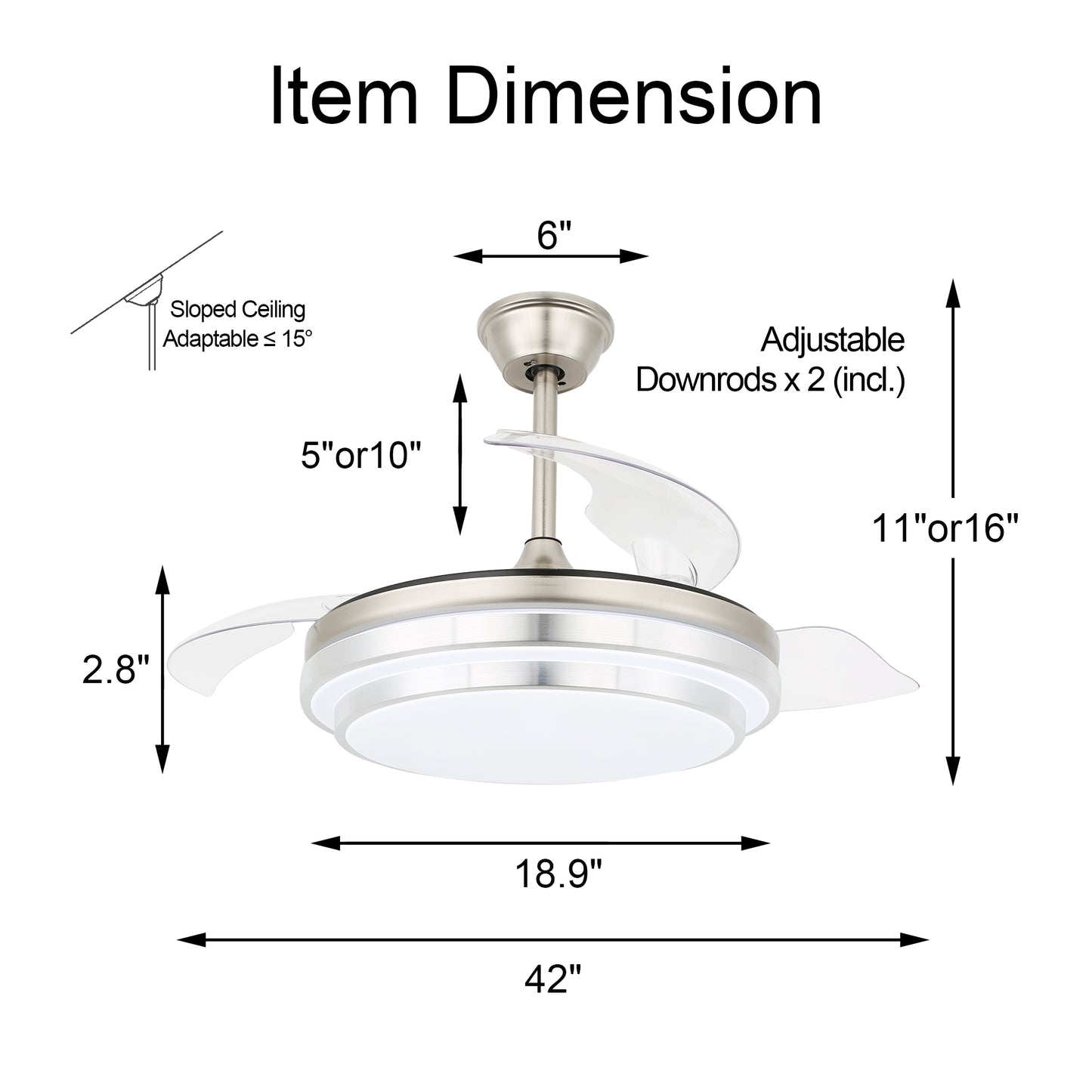 DC4204-42" Silver Retractable Ceiling Fan with Remote and Lights DC Motor 6 Speeds