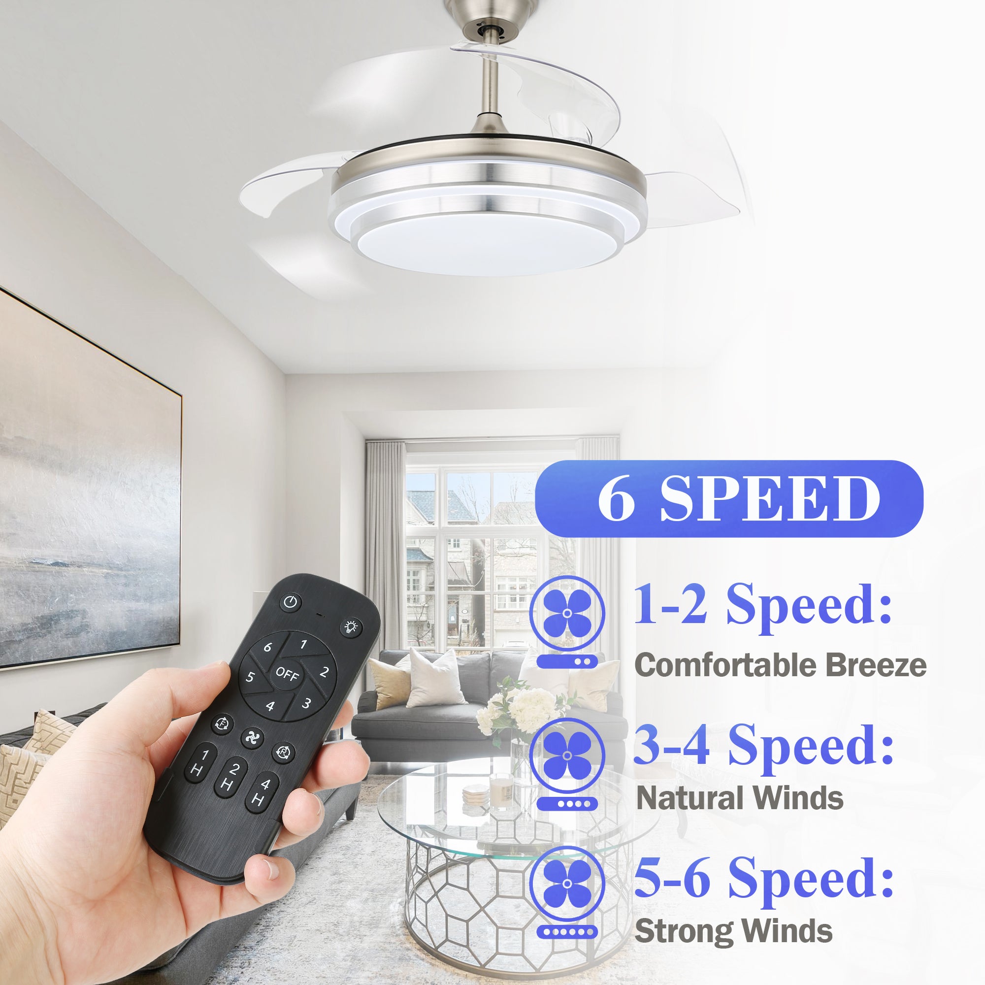 DC4204-BellaDepot 42" Modern Urban Brushed Nickel Retractable Ceiling Fan with Remote and LED Light Kit Included, 6 Speeds Reversible Ceiling Fan