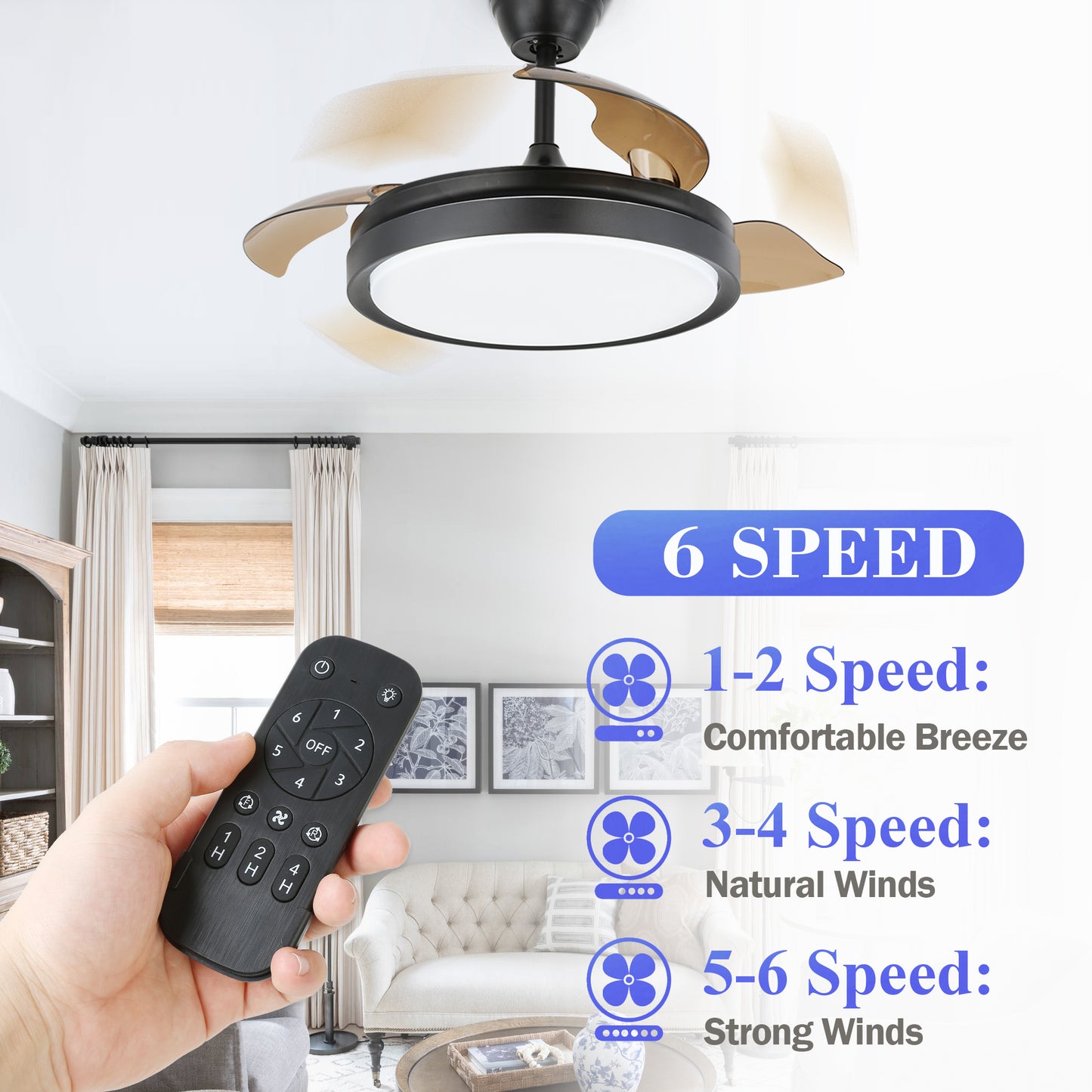 42" LED Retractable Ceiling Fan with Light and Remote Reversible Blades, 6 Speed