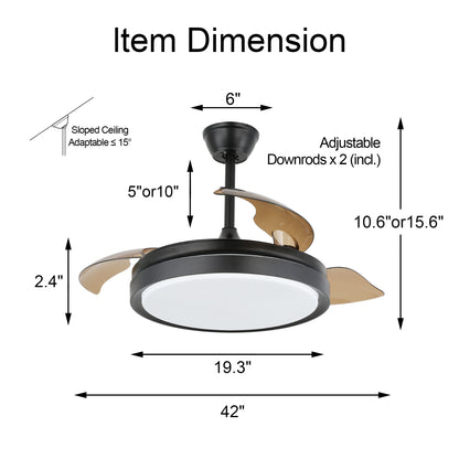 DC4205-42" CCT Dimmable Retractable Gold/Black/White Color Ceiling Fan, with Remote and LED Light Kit Included, DC Motor, 6 Speeds