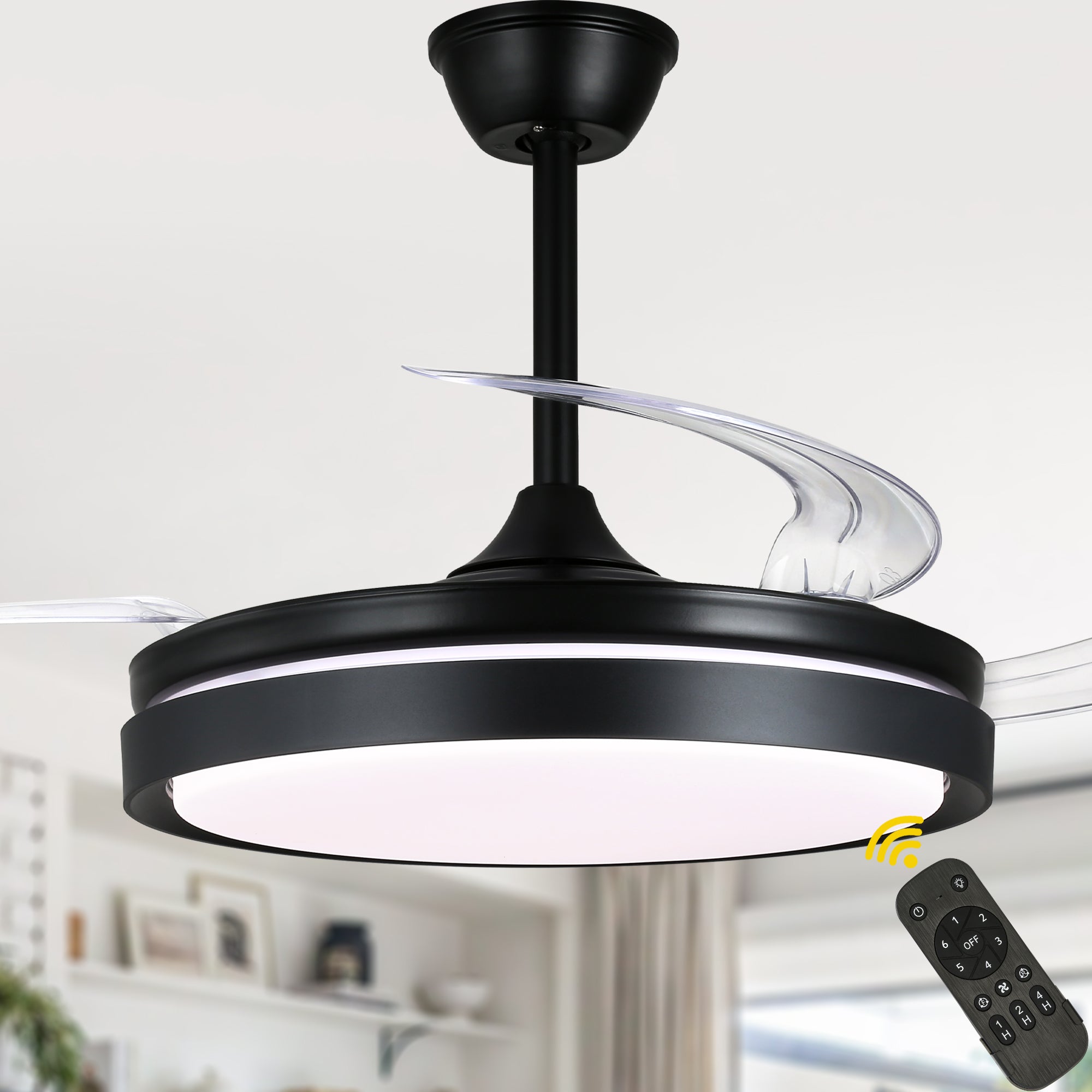 DC4205-BellaDepot 42" Black/Gold/White Finish Retractable Ceiling Fan with Remote and LED Light Kit Included, CCT Dimmable Ceiling Fan