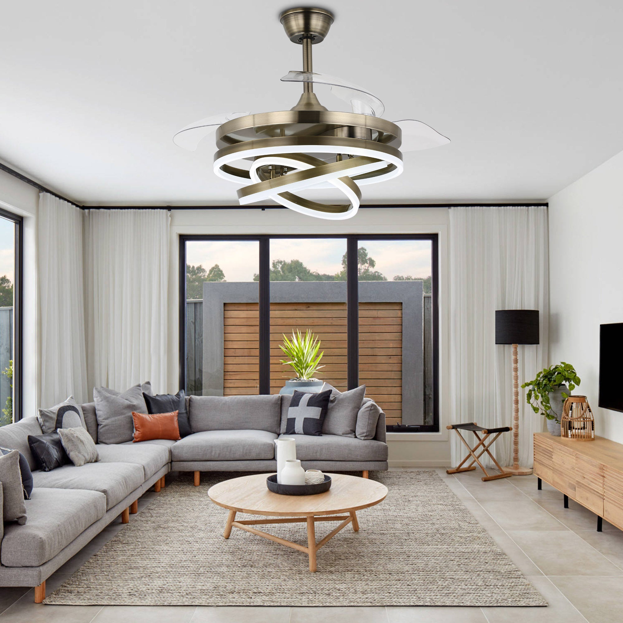 DC3664-BellaDepot 36" Chrome/Nickel/Brown DIY Shape Reversible Ceiling Fan with Remote and LED Light Kit Included, Retractable Ceiling Fan