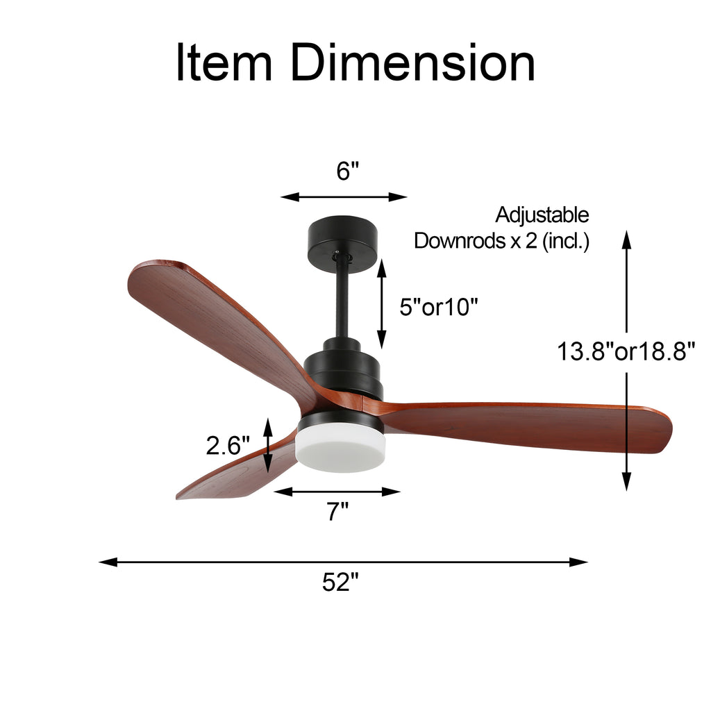 52 Inch Modern Farmhouse 3 Wooden Blades Ceiling Fan with Dimmable LED Light and Remote, 6 Speeds DC Motor Reversible Ceiling Fan for Living Room