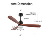 52 Inch Modern Farmhouse 3 Wooden Blades Ceiling Fan with Dimmable LED Light and Remote, 6 Speeds DC Motor Reversible Ceiling Fan for Living Room