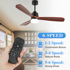 52 Inch Modern Farmhouse 3 Wooden Blades Ceiling Fan with Dimmable LED Light and Remote, 6 Speeds DC Motor Reversible Ceiling Fan for Living Room