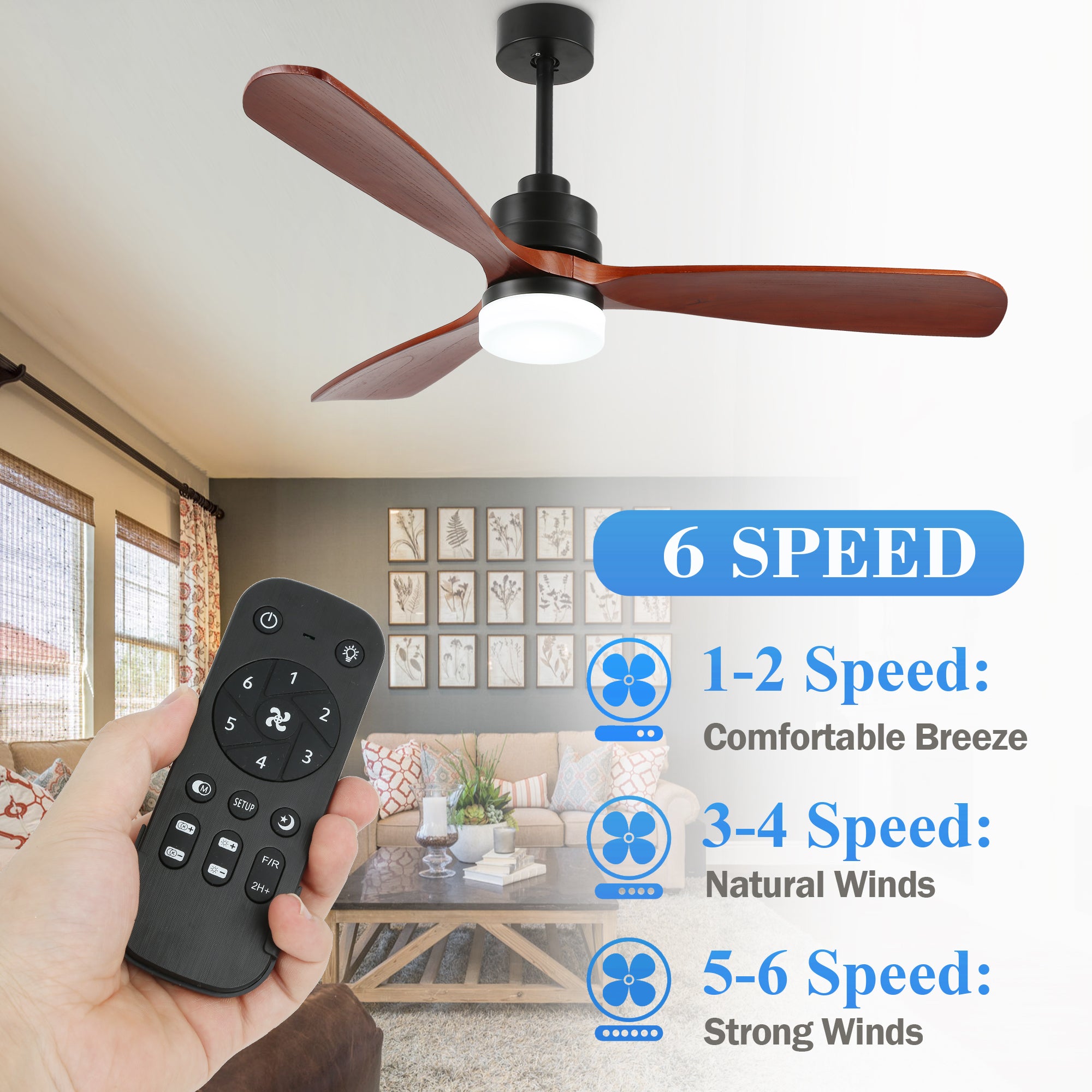 52 Inch Modern Farmhouse 3 Wooden Blades Ceiling Fan with Dimmable LED Light and Remote, 6 Speeds DC Motor Reversible Ceiling Fan for Living Room