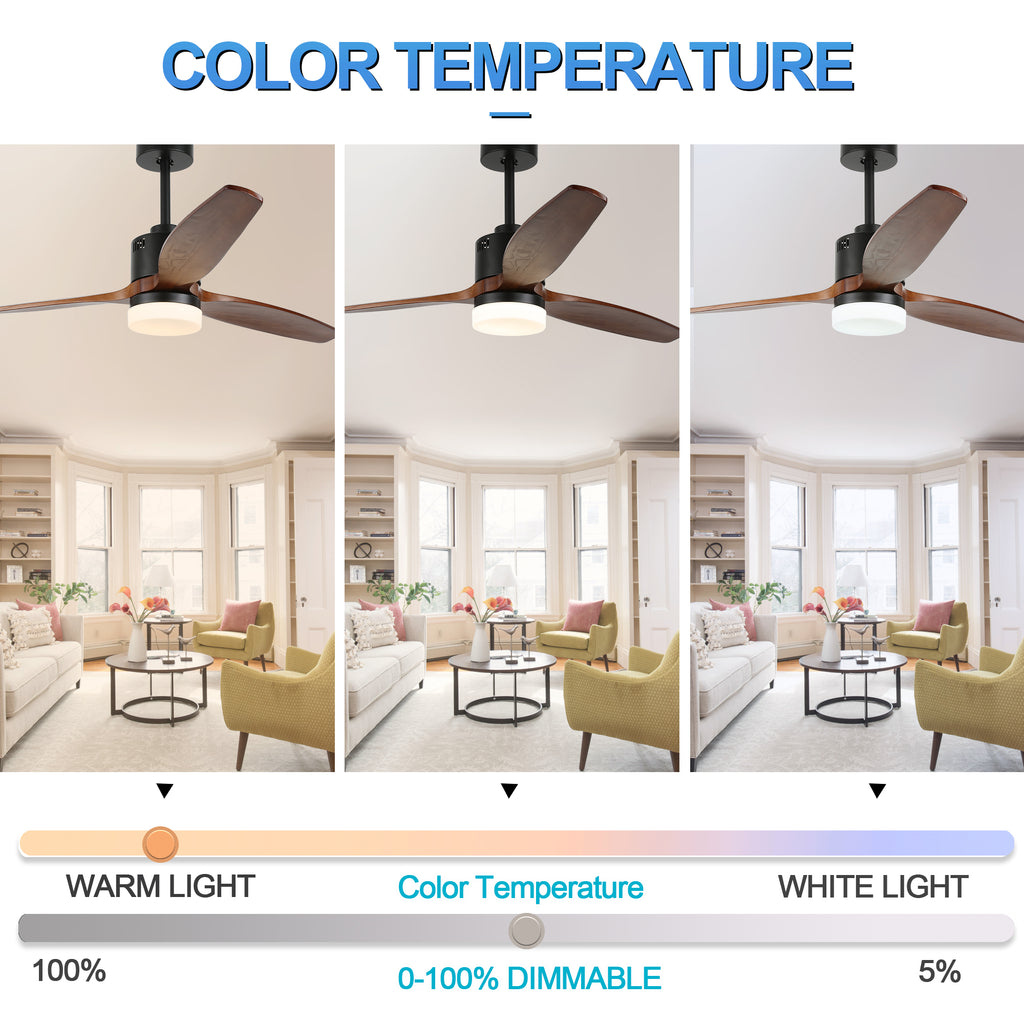 52 Inch 3 Wooden Blades Ceiling Fan with Dimmable LED Light and Remote, 6 Speeds DC Motor Reversible Ceiling Fan for Living Room