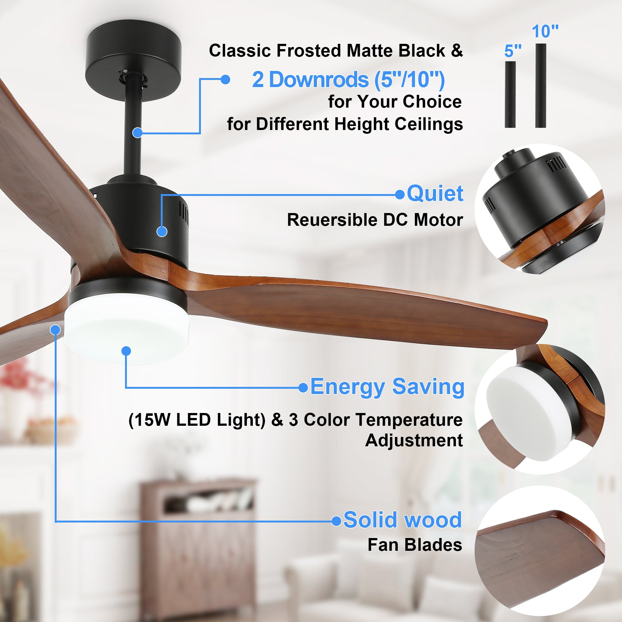 52 Inch 3 Wooden Blades Ceiling Fan with Dimmable LED Light and Remote, 6 Speeds DC Motor Reversible Ceiling Fan for Living Room