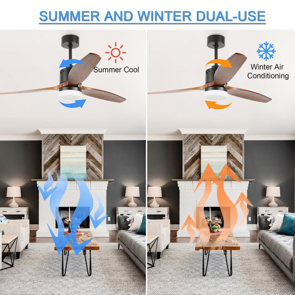 52 Inch 3 Wooden Blades Ceiling Fan with Dimmable LED Light and Remote, 6 Speeds DC Motor Reversible Ceiling Fan for Living Room