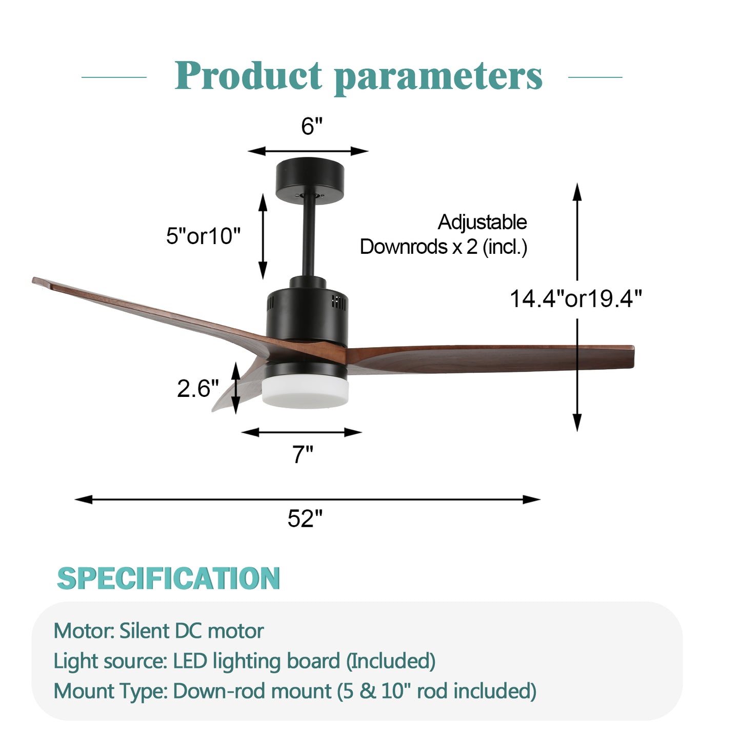 DC5208-52" Popular Large Wooden Reversible Ceiling Fan, with Remote and LED Light Kit, DC Motor, 3 Blades