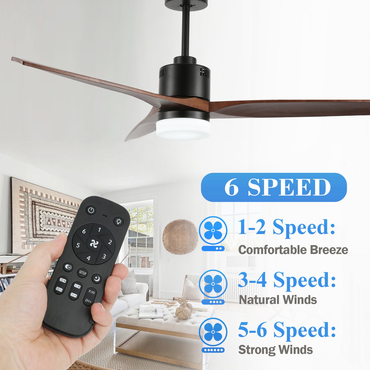 DC5208-52" Popular Large Wooden Reversible Ceiling Fan, with Remote and LED Light Kit, DC Motor, 3 Blades