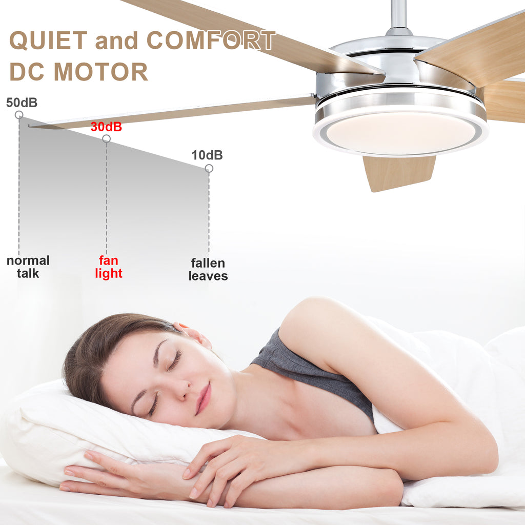 52 Inch Modern Black/Chrome Ceiling Fan with Dimmable LED Lights and Remote Control, 6 Speeds DC Motor Reversible Ceiling Fan for Large Room