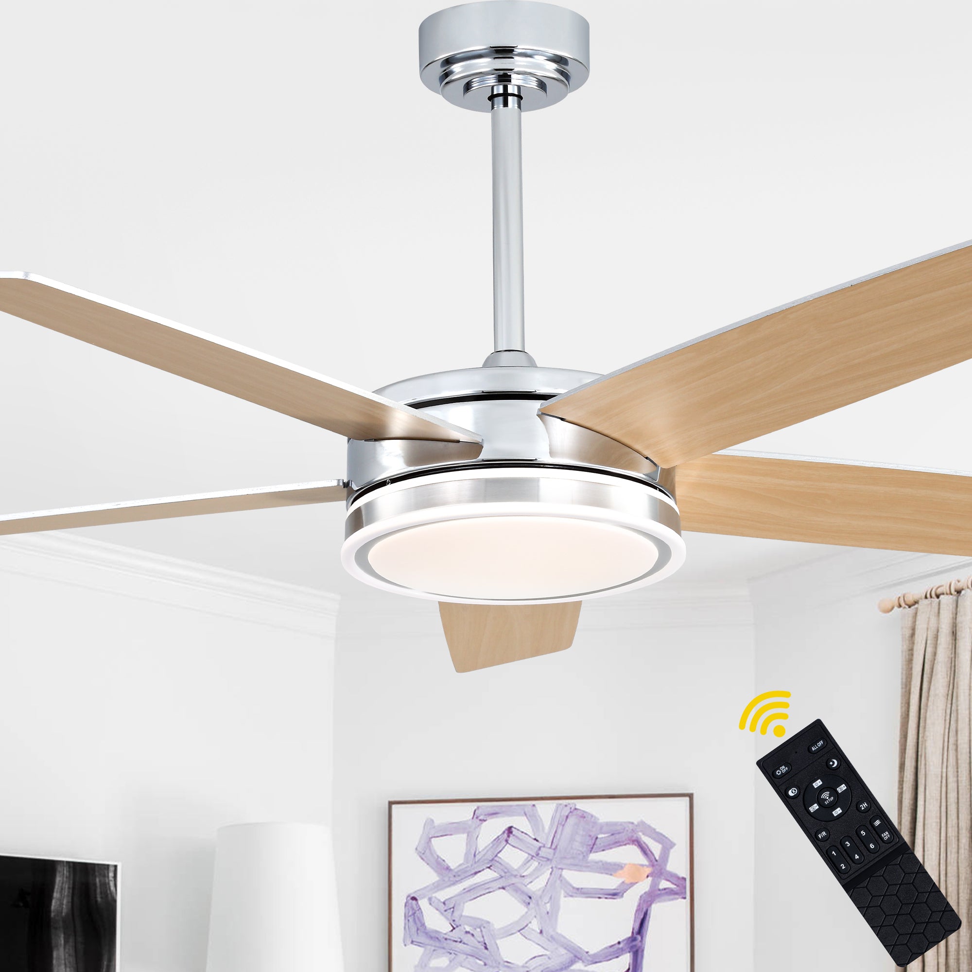 DC5225-B/C-BellaDepot 52" Modern Contemporary Black or Chrome LED Ceiling Fan with Remote Control and Lights, Reversible 6 Speeds Ceiling Fan for All Seasons
