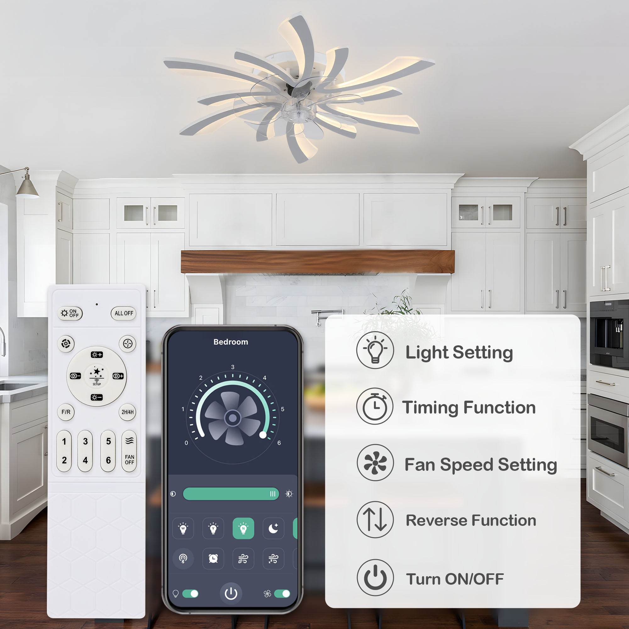 DC3101-BellaDepot 30.7" Medium Flush Mount Reversible Ceiling Fan with Remote and Light Kit Included, 6 Speeds Ceiling Fan