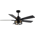52 Inch Industrial Wood Grain Caged Ceiling Fan with Remote and Reversible Blades, 6-Speed Ceiling Fan with Lights