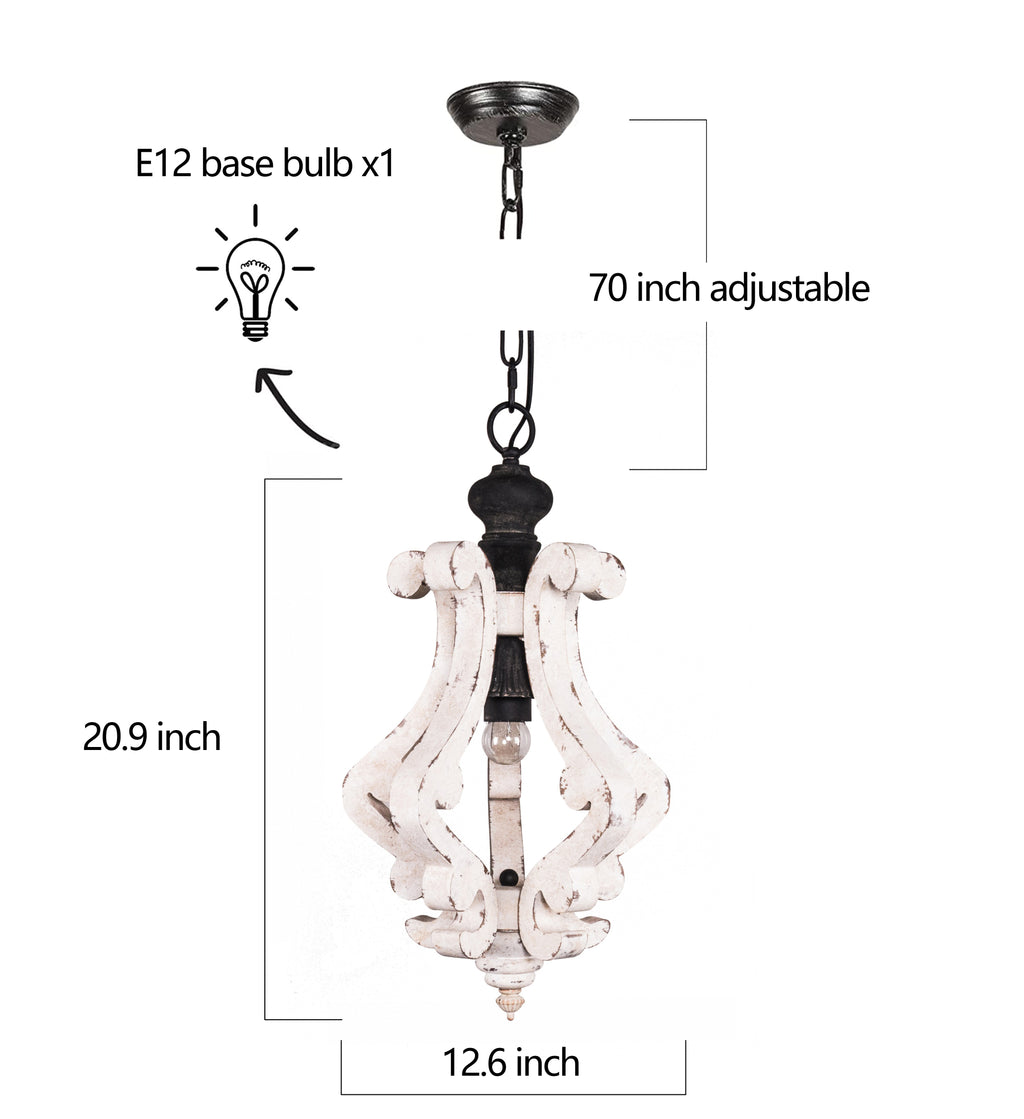 1 - Light Rustic Distressed Wood/White Chandelier, 12.6" Wooden Farmhouse Chandelier Kitchen Island Light Pendant Light