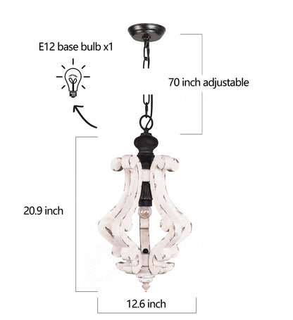 FC4001-Distressed Wood/Distressed White/White Vintage Distressed Wooden Chandelier, with Chain and Lights, for Home Entrance Door Bedroom Dining Room, 1 Light