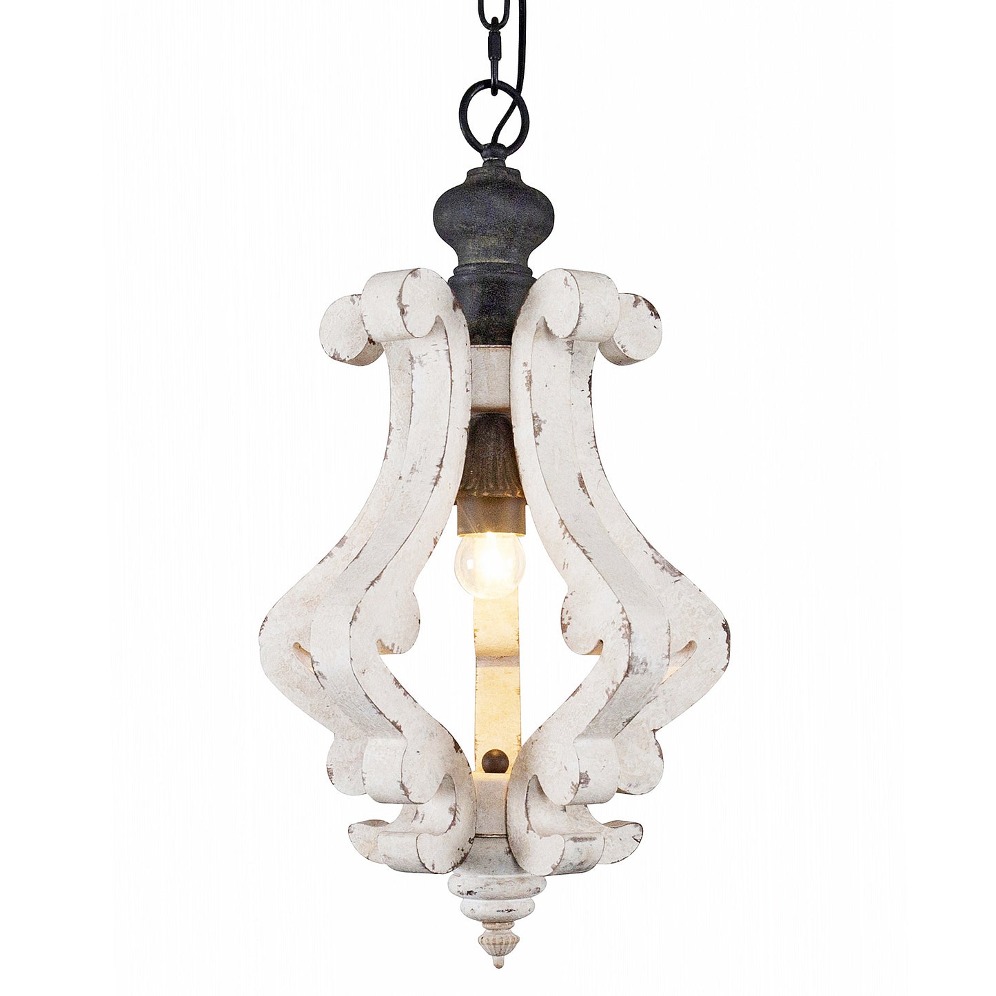 FC4001-Distressed Wood/Distressed White/White Vintage Distressed Wooden Chandelier, with Chain and Lights, for Home Entrance Door Bedroom Dining Room, 1 Light