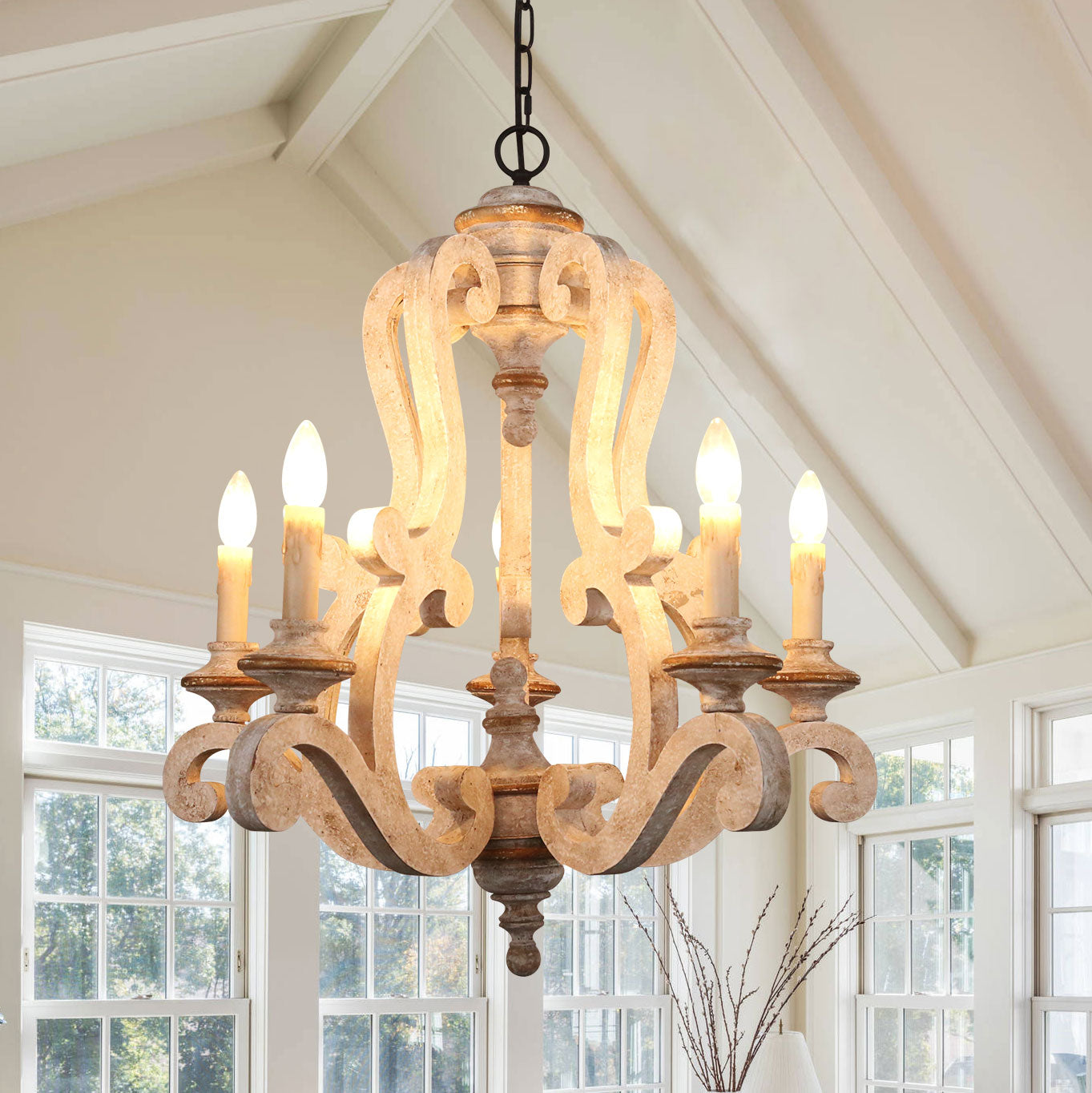 5 - Light Distressed Wood French Country Vintage Chandelier with Adjustable Height,  25" Farmhouse Chandelier for Dining Room