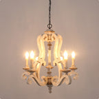 FC4004-H/W-BellaDepot 5 Lights 25" Distressed Wood/Distressed White Vintage Wood Chandelier, Height Adjustable Pendant Light