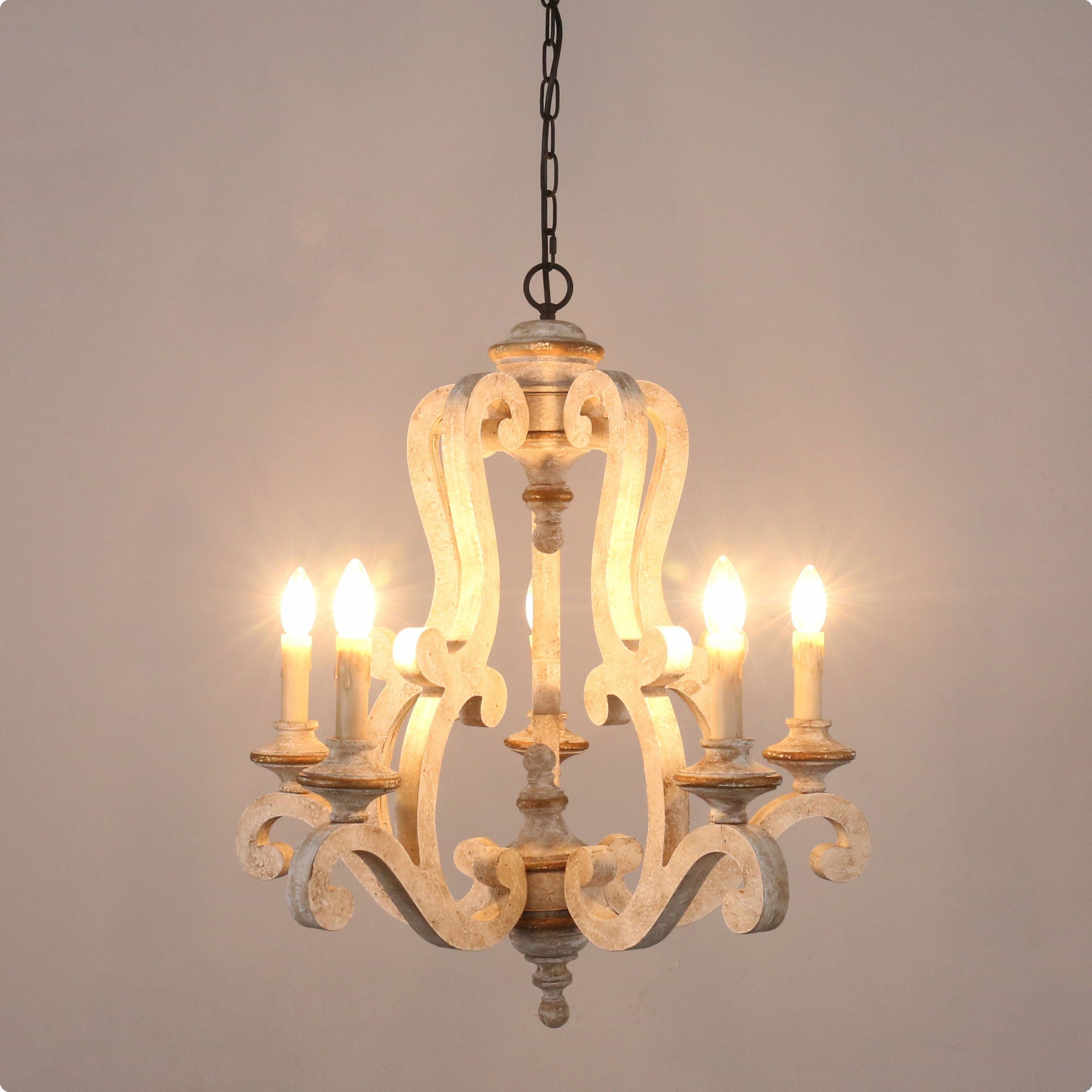 FC4004-H/W-BellaDepot 5 Lights 25" Distressed Wood/Distressed White Vintage Wood Chandelier, Height Adjustable Pendant Light