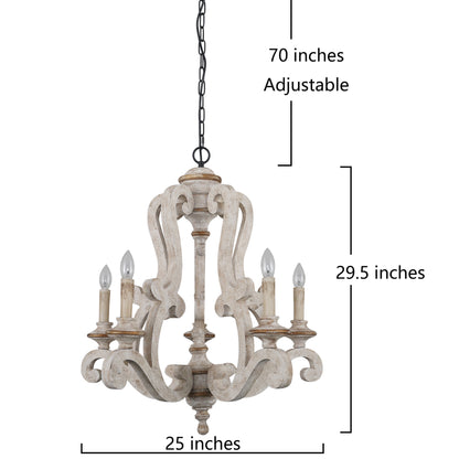 FC4004-5 Light, 25" Wooden Chandelier with Candelabra Bulb Base, Pendant Lamps, for Dining Room Bedroom Living Room