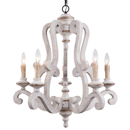 FC4004-5 Light, 25" Wooden Chandelier with Candelabra Bulb Base, Pendant Lamps, for Dining Room Bedroom Living Room