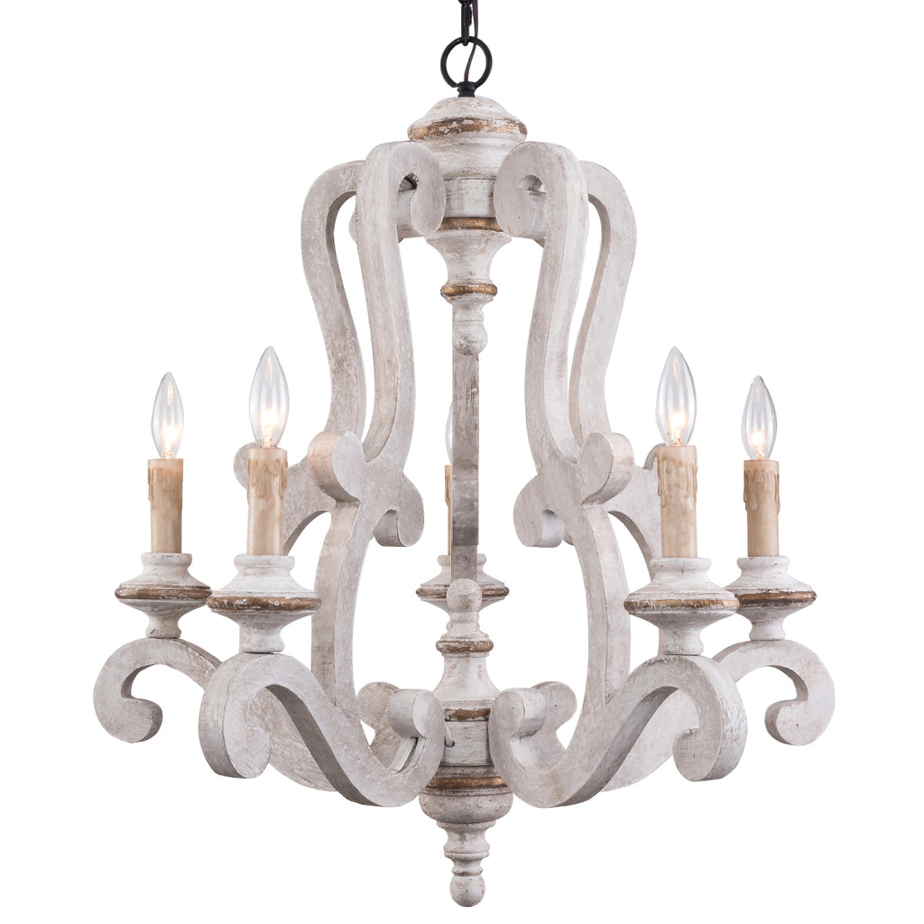 5 - Light Distressed Wood French Country Vintage Chandelier with Adjustable Height,  25" Farmhouse Chandelier for Dining Room