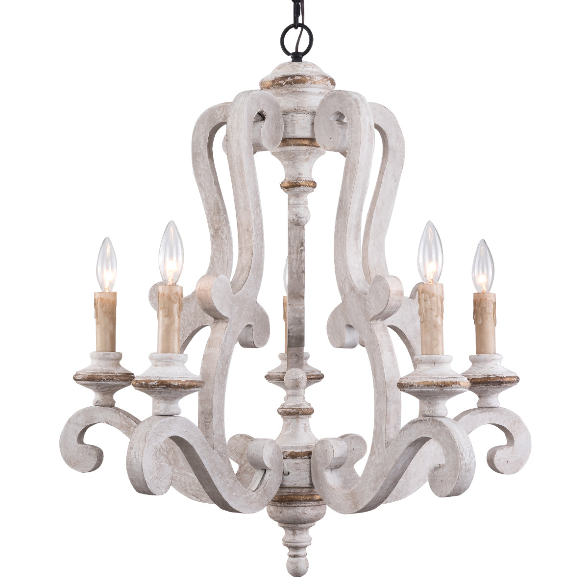 5 - Light Distressed Wood French Country Vintage Chandelier with Adjustable Height,  25" Farmhouse Chandelier for Dining Room